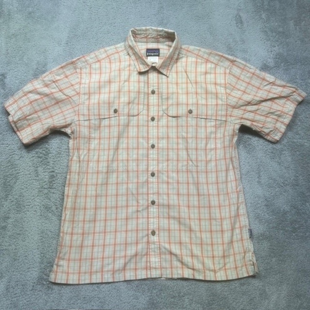 Patagonia Island Hopper Shirt Mens M Orange Green Short Sleeve Vent Fish Outdoor